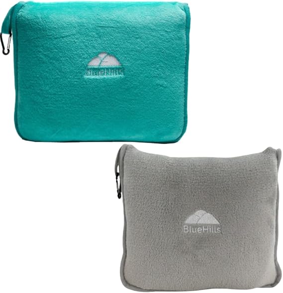BlueHills Travel Blanket Pillows for Two Airplane Traveling Essentials Flight Throws in Bag case with Backpack Clip Compact Large Plane Accessories Teal Green and Light Gray