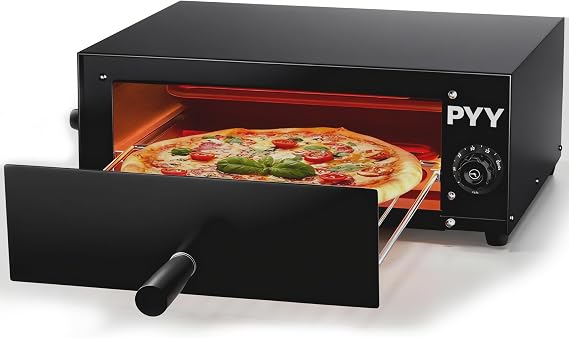 PYY Pizza Oven Electric - 12 Inch Pizza Oven Indoor Stainless Steel Commercial Professional Pizza Cooker Baker Countertop with Timer & Crumb Tray for Home 1100W, Midnight Black