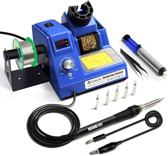 TOAUTO DS90 Soldering Station-F & C Dual Digital Display Soldering Iron Station Kit,90W Soldering Iron,302F- 842F Temperature, Anti-Static & Grounding Wire, Auto Standby & Sleep,5 Solder Tips, Blue