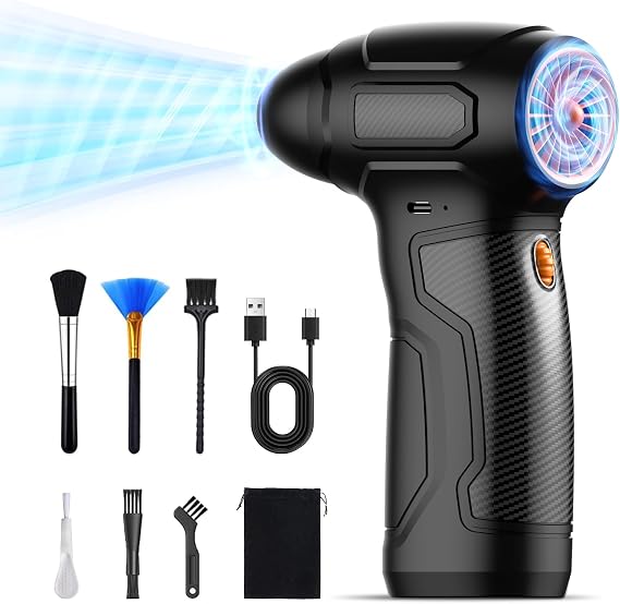 Electric Air Duster, 200,000 RPM 8000mAh Rechargeable Compressed Air Alternative with 6 Brushes, Handheld Blower for Car Bike, Workshop, Grill, 3D Printing, Slide Speed Control (Orange)