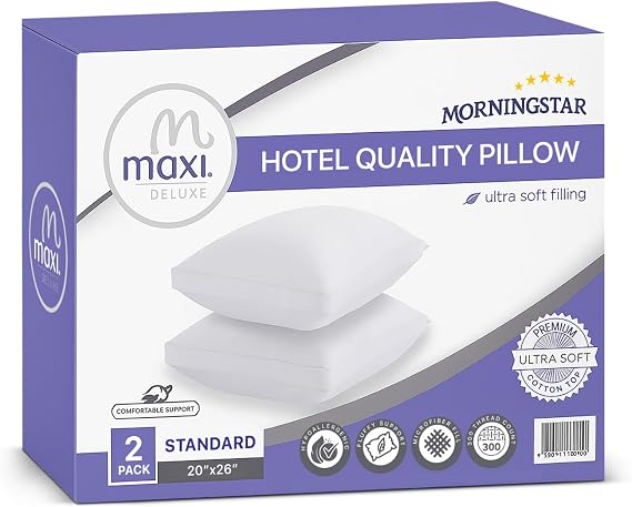 Maxi Deluxe Standard Size Bed Pillow Ultra Soft & Comfortable Versatile for Side, Back & Stomach Sleepers 300TC Cotton Top 2 Pack (Standard Size Pillow is 20 x 26)