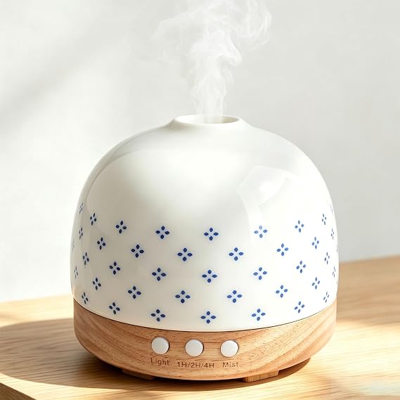 300ml Essential Ceramic Diffuser,Round Aroma Luruxy Porcelain Diffuser Night Light Captivating Exquisite Blue and White Patterned Elegance Nano Water Mist Humidifier