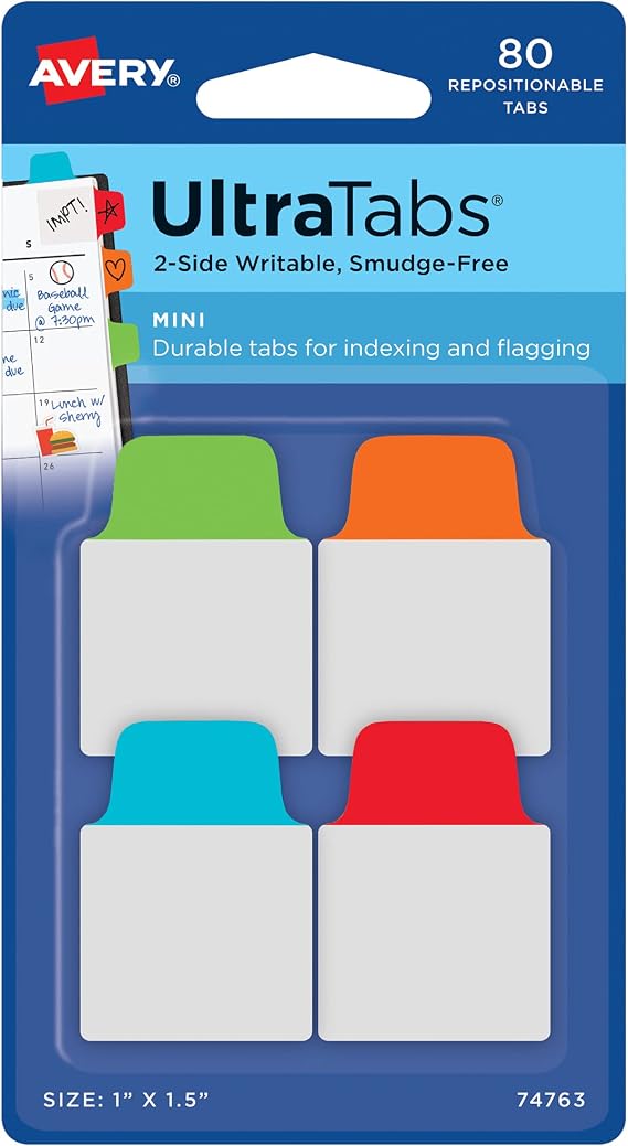 Avery Mini Ultra Tabs, 1" x 1.5", 2-Side Writable, Assorted Primary Colors, 80 Repositionable Tabs (74763)