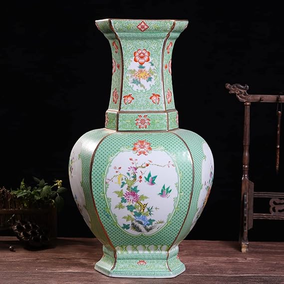 19 Inch Chinese Enamel Ceramic Vase, Flowers and Birds Hexagonal Vase Antique Porcelain Collection Home Decor Chinoiserie Home Living Room Decoration Crafts (Green)