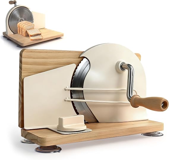 Manual Bread Slicer for Homemade Sourdough, Adjustable Thickness and Foldable Base, Stainless Steel Serrated Blade, with Engraved Scale Line Bread Guide Hand Crank Bread Cutter
