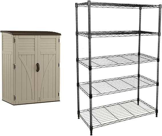Suncast 54 Cubic Feet Vertical Storage Shed with Durable Plastic Construction & Simple Deluxe Heavy Duty 5-Shelf Shelving Unit 1250Lb Capacity, 29.92" D x 13.98" W x 62.99" H