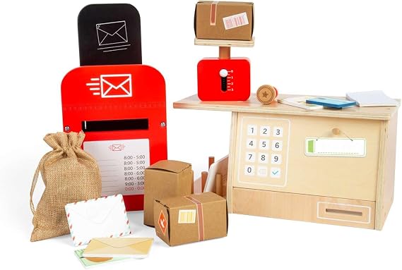 Bigjigs Toys Post Office Set - 20 Pieces Wooden Postie Play Set, Toddler Fantasy Play Sets and Accessories, Role Play Gifts for Kids, Age 3 Years