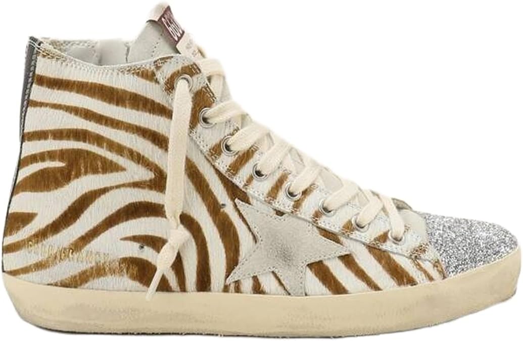 Golden Goose Women's Fashion Distressed Sneakers - Leather Zebra and Leopard Horsy Upper Trendy Shoes, Beige Sneakers