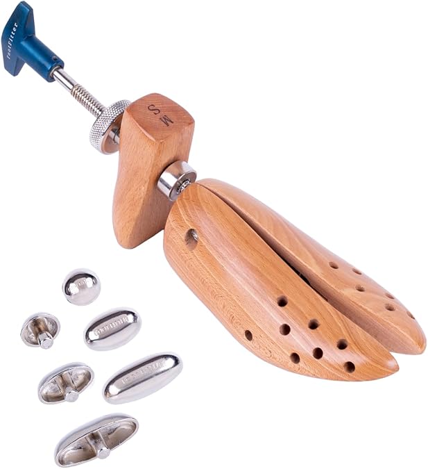 FootFitter Premium Professional 2Way Shoe Stretcher for Width & Length | Heavy Duty Wooden Stretcher Extends Up to 12 a Size, Adds Targeted Stretch for Tight Areas with Metal Relief Spot Plugs