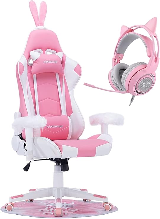 Office chair, Pink Bunny Gaming Chair Cute Kawaii Gamer Chair for Girl Ergonomic Computer Gaming Chair with Lumbar Support PU Leather High Back Racing Gaming Chairs with USB Headset