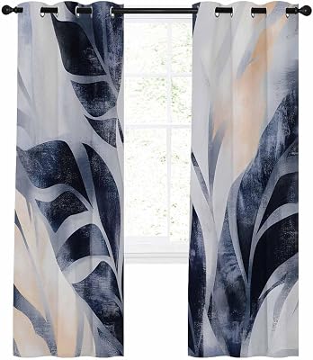 Pinroote Navy Blue Botanical Blackout Curtain 39 Inch Length 2 Panels Set, Tropical Palm Leaves Vintage Two-Layer Sewing Polyester Fiber and White Blackout Curtain with Grommet, 27.5 x 39 x2