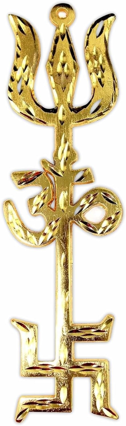 Home Genie Tri Shakti Trishool Brass Trishul, Om, and Swastik Symbol for Home Temple, Vastu, and Spiritual Protection Pack of 1