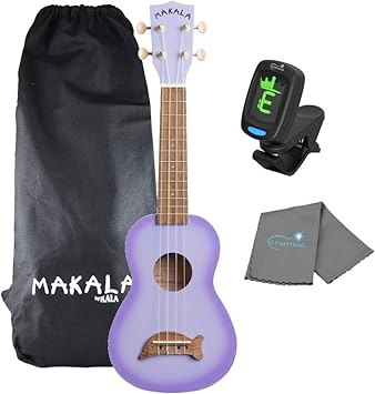Kala Purple Burst Dolphin Makala Soprano Ukulele - MK-SDPLBURST Bundle with a Tuner and Lumintrail Polishing Cloth