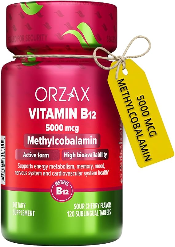 ORZAX Vitamin B12 5000 mcg Methylcobalamin for Memory, Mood, Blood Cell Function, Cardiovascular and Energy Supplement - Cherry Flavored - Vegan & Non-GMO - 120 Sublingual Tablets - 120 Day Supply