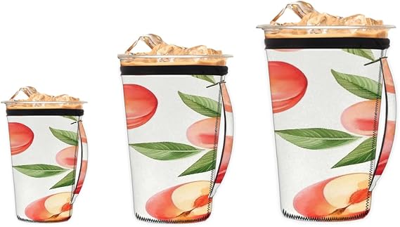 3 Pack Reusable Iced Coffee Sleeve with Handle, Cute Peach Leaves Peach Insulated Neoprene Drink Sleeves for Iced Drinks