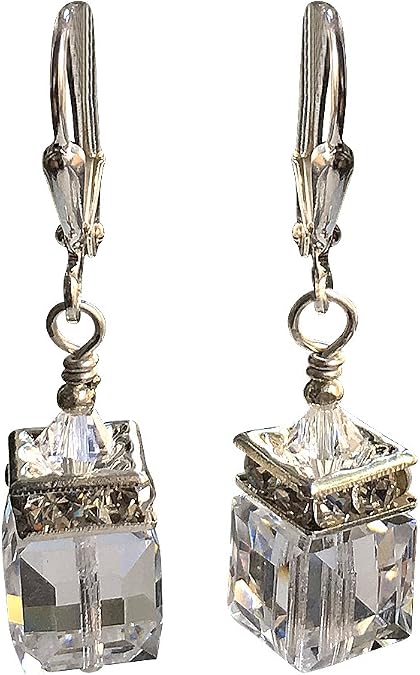 Iridiscent Cube Austrian Crystal Earrings for Women Dangle Drop Jewelry Gift for Her
