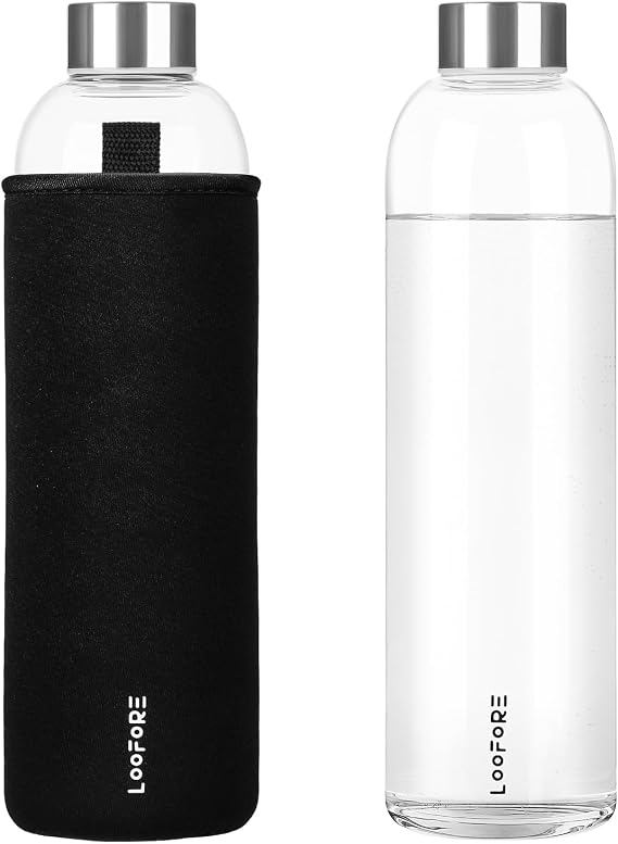 Glass Water Bottle 1000ml 1L with Neoprene Sleeve, 1 Pack