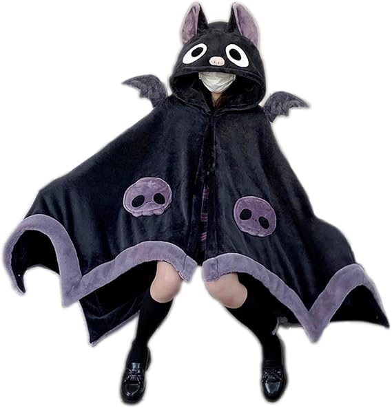 Anime Wearable Bat Blanket Hoodie for Adults Cute Halloween Devil Bat Hooded Blanket Oversized Soft Sherpa Hoodie Women Throw Cloak Wrap with Demon Wings for Women Men Child Student, Free Size,A