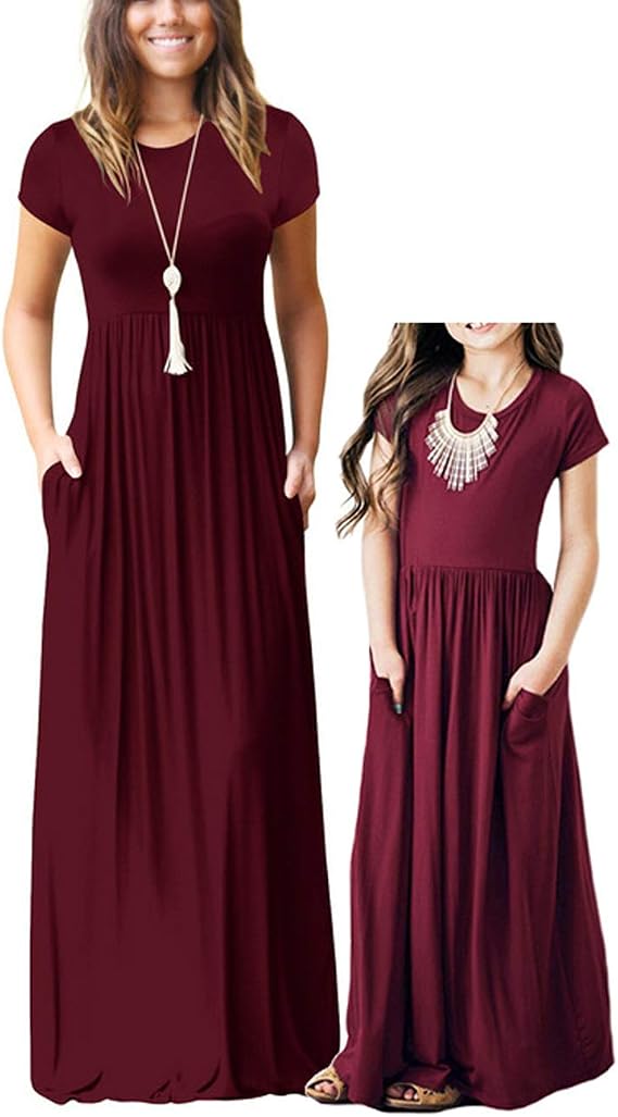 Mommy and Me Short Sleeve Loose Plain Family Matching Maxi Dresses with Pockets for Mother's Day...