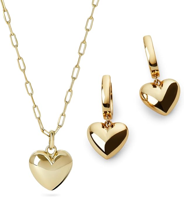 Ana Luisa Lev Heart Earring and Necklace Two Piece Set for Women - 14K Gold Plated Paperclip Chain With Puffed Matching Heart Charm Huggie Hoop Earrings - Gifts for Women
