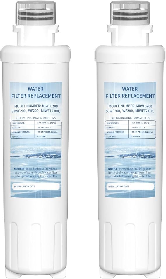 MIWF6200 Twist-in Water Filter Cartridge, Compatible with Midea MRS26D5AST, MF-2008-R2, Sharp SJWF200, SJG2254FS, Thor Kitchen WF200, Zline MIWFT2100, RFM-W-36 Models, 200 Gallon, 2 Pack