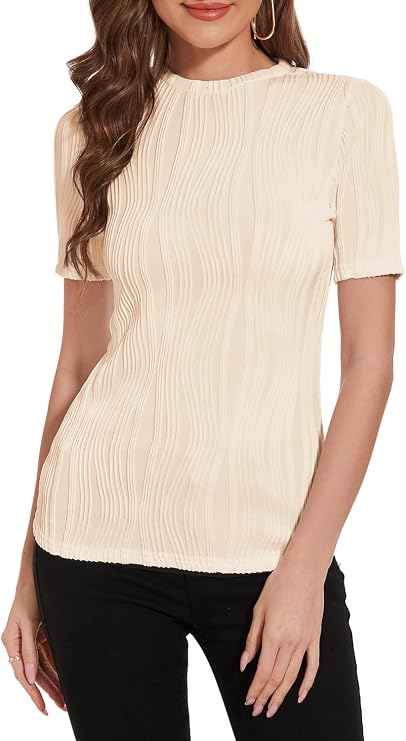 Womens Summer Tops Trendy Crewneck T Shirts Business Casual Textured Tops Basic T Shirts Tee Blouses