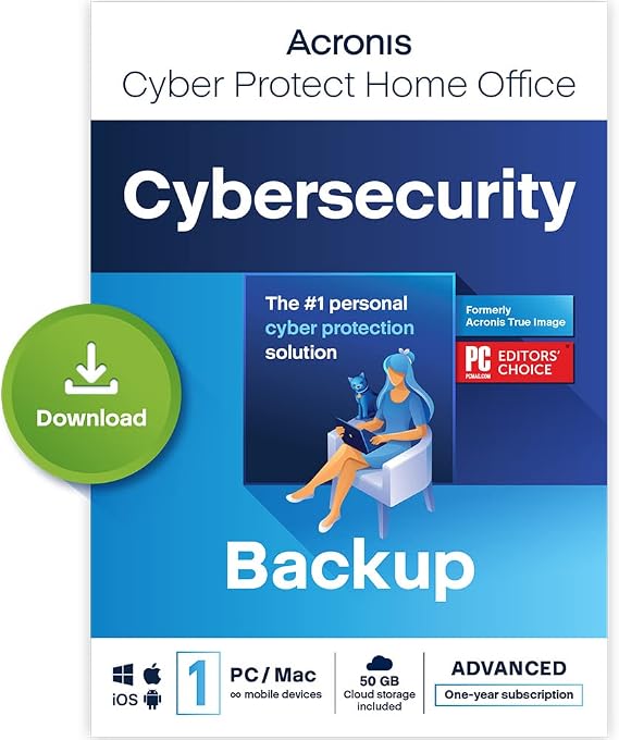 Acronis Cyber Protect Home Office 2023 | Security | 50 GB Cloud-Space | 1 PC/Mac | 1 Year | Windows/Mac/Android/iOS | Internet Security with Backup | Activation Code by email