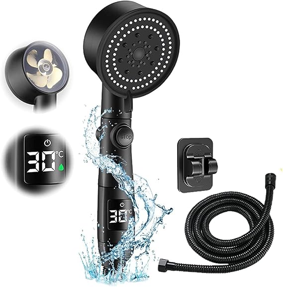LED Shower Head with Handheld, High Pressure Shower Heads Set, 3-Color Water Temperature, 5 Spray Mode Showerhead with ON/OFF Pause Switch, Removable Shower Heads with Hose and Adjustable Bracket