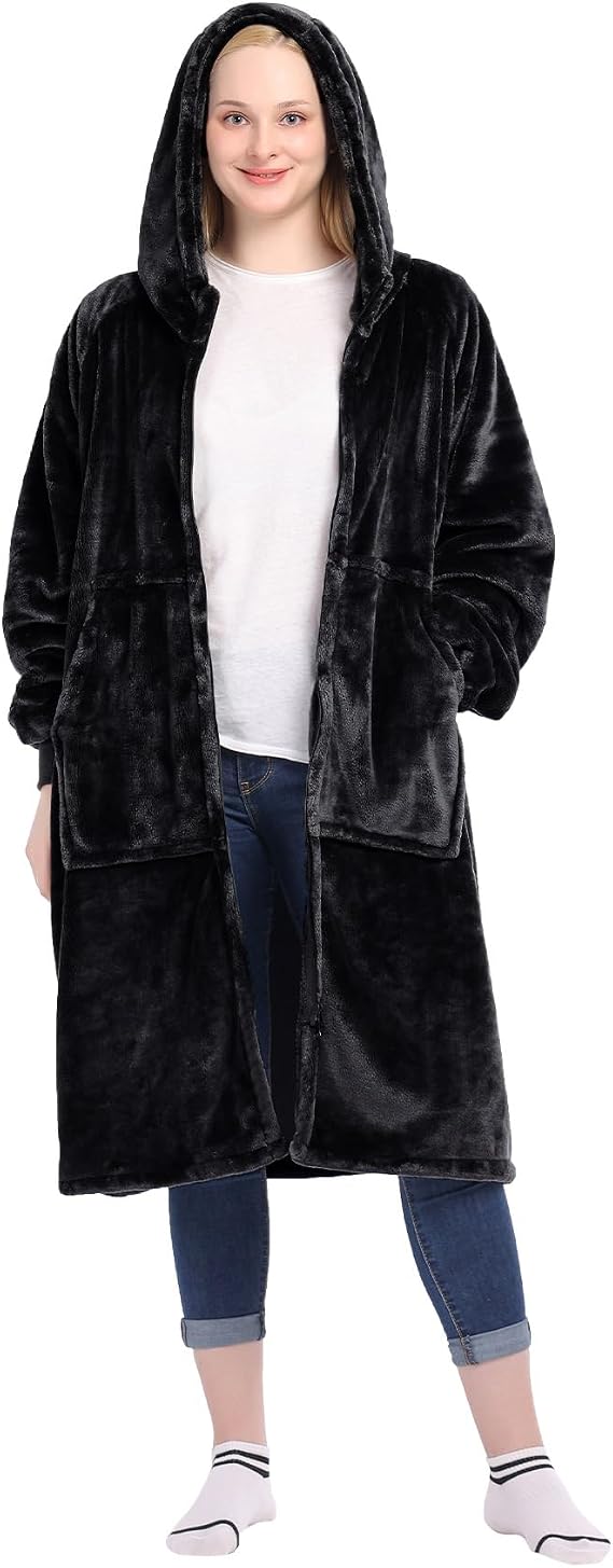 Waitu Wearable Blanket Hoodie with Zipper Gifts for Women Men, Warm and Cozy Oversized Hoodie Blanket Birthday Gifts for Women Mom, Thick Flannel Blanket with Giant Pocket - Black