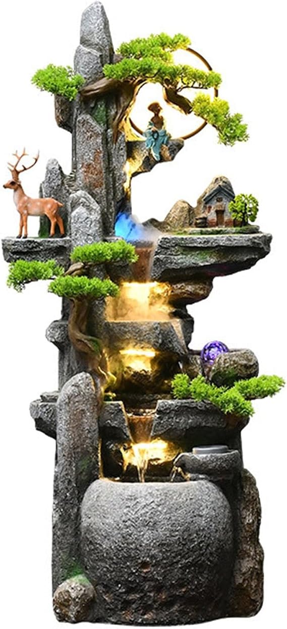 Outdoor Fountain Water Fountain Indoor - Floor Standing Fountain with Jar Small Feng Shui Zen Waterfall Fountain W/LED Light & Soothing Sounds for Office Home Decor Backyard Decoration