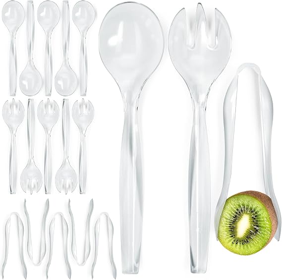 Disposable Plastic Serving Utensils - Set of 18 Clear Buffet Serving Utensils, 6 Each 6" Tongs, 10 Spoons, 10 Forks