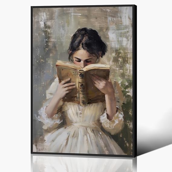 Anslipswar Woman Read Book Canvas Wall Art, Aesthetic Reading Poster, Victorian Bookish Women Portrait Oil Painting, Rustic Light Academia Feminine Picture for Girls Bedroom Nursery 30x40cm Unframed