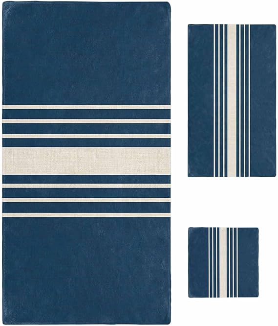 Bath Towel Sets, Vintage Linen Stripe on Blue Bathroom Towels Soft Hand Towel Washcloth Cotton Towel Set,Absorbent Soft Bath Set for Hotel Beach Pool Modern Minimalist Art Towels