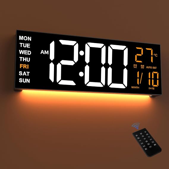 16.5" Large LED Wall Clock with Night Light & Remote Control | Auto Dimming, 2 Alarms, 8 RGB Color, Temperature,12/24H, Countdown Timer for Living Room, Bedroom, Desk, Gift for Elderly