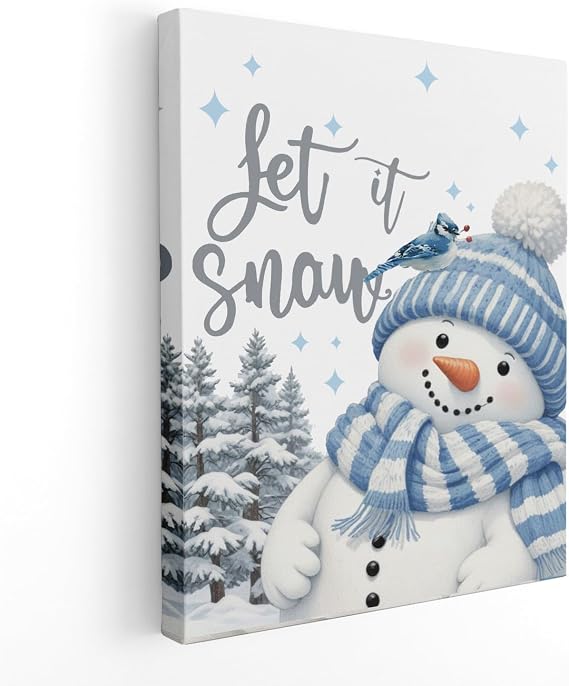 Let It Snow Blue Snowman Winter Wall Art Poster, Blue Snowman Decor, Rustic Winter Christmas Xmas Pictures Wall Decor for Home Living Room Bedroom, 11x14 Inch Framed