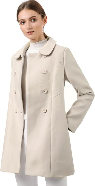 Allegra K Women's Peter Pan Collar Double Breasted Winter Trench Pea Coat | Long Sleeve Outerwear, Elegant Overcoat, Pockets, Fully lined, Work Office, Business Casual, Formal