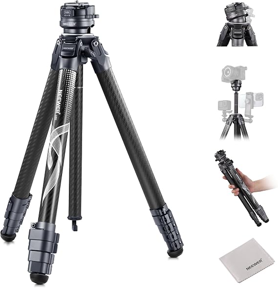 NEEWER LITETRIP LT32 Camera Travel Tripod, Carbon Fiber Portable Stand, Ball Head Detachable Center Axis Flip Buckle Cleaning Cloth Arca QR Plate Compatible with PD (Former TP62)