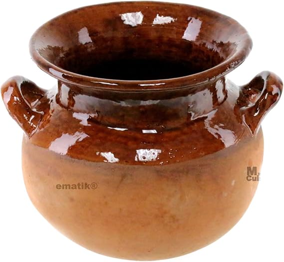 Olla Frijolera De Barro 1.5 Qt. Mini Traditional Handmade Mexican Authentic Artisan Barro Clay 100% Stockpot with Brown Glaze Interior Finish