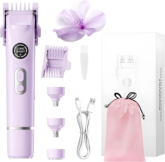Bikini Trimmer for Women - 4 in 1 Women Electric Shaver Dual Head IPX7 Waterproof Wet & Dry Use Body Hair Trimmer and Facial Hair Remover for Bikini Underarm Leg Arm Body Face,Purple