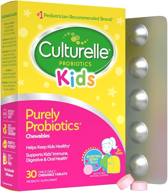 Culturelle Kids Chewable Daily Probiotic for Kids, Ages 3+, 30 Count, #1 Pediatrician-Recommended Brand, Natural Berry Flavored Daily Probiotics for Digestive Health, Oral Care & Immune Support