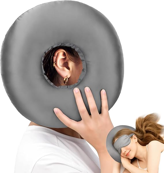 Ear Piercing Pillow for Side Sleepers, Donut Pillow with Ear Hole, Adjustable Filling Cushion for Pressure Relief, Soft Sleep Support Pillow for Ears, Travel Friendly Ear Cushion,grey