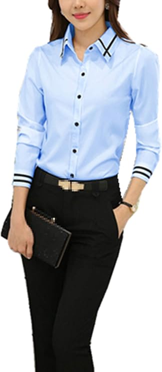 Womens Basic Long Sleeve Slim Button Down Collared Shirts OL Work Shirts