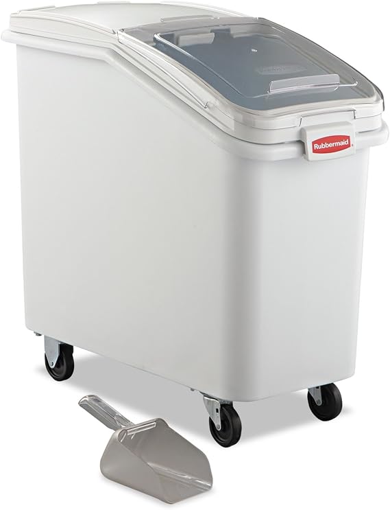 Rubbermaid Commercial Products ProSave Shelf-Storage Ingredient Bin With Scoop 500-Cup capacity Plastic White Sliding Lid Container with Wheels for Kitchen/Restaurant Food Organization