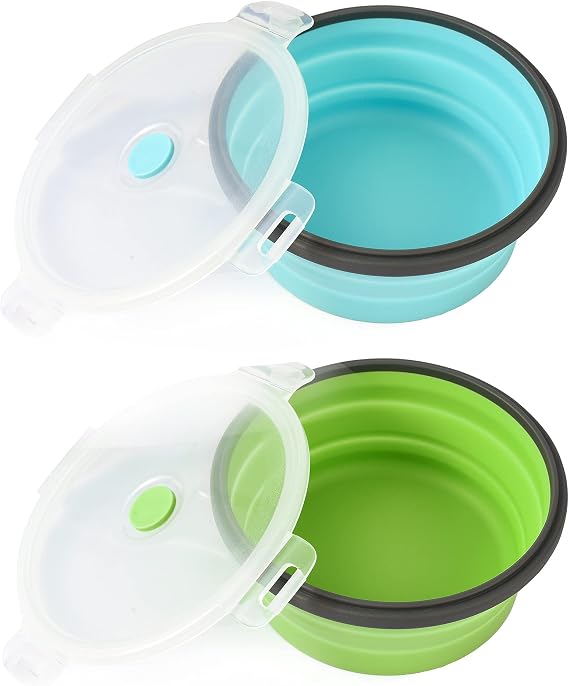 2 Pack Collapsible Silicone Travel Dog Bowls with Lids - Portable Pet Feeders, 17 oz 500ml