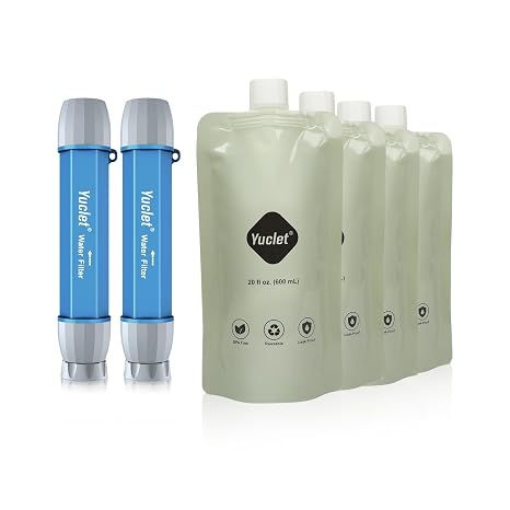 Yuclet Squeeze Water Filtration System for Hiking, Camping, Travel, and Emergency Preparedness (2 Water Filter Straw, 4 Squeezable 20-Oz Water Pouch)