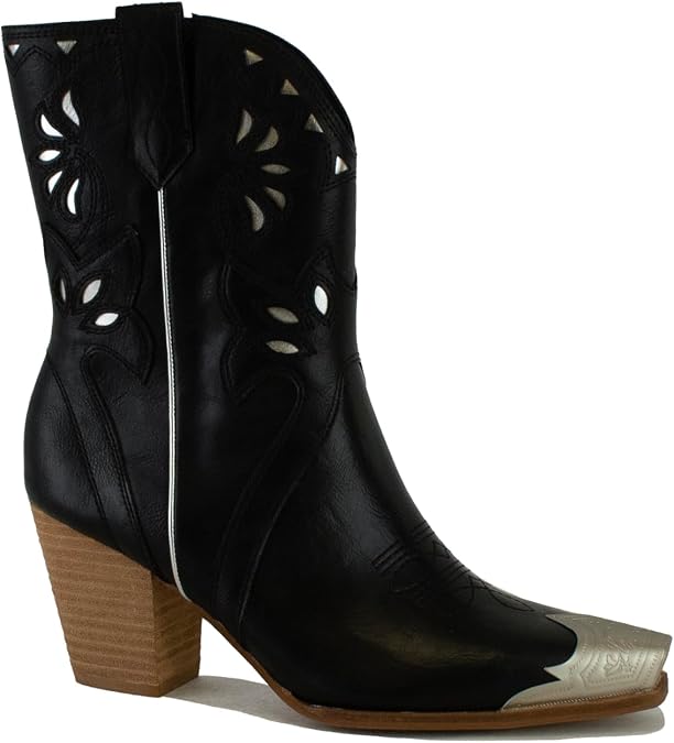 Metal Toe Ankle Boots for Women Western Cowgirl Boots Pointed Toe Boots Stacked Heel Boots Fashion Side Zipper Boots