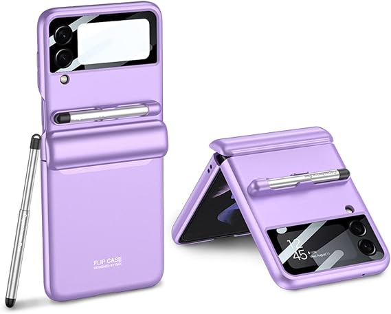 COQUE Case Galaxy Z Flip 3 Cover,Hinged Folding All-Inclusive Shell with Screen Protector with Touch Stylus with Pen Holder,Folding Phone Cover for Samsung Galaxy Z Flip 3 5G-Purple