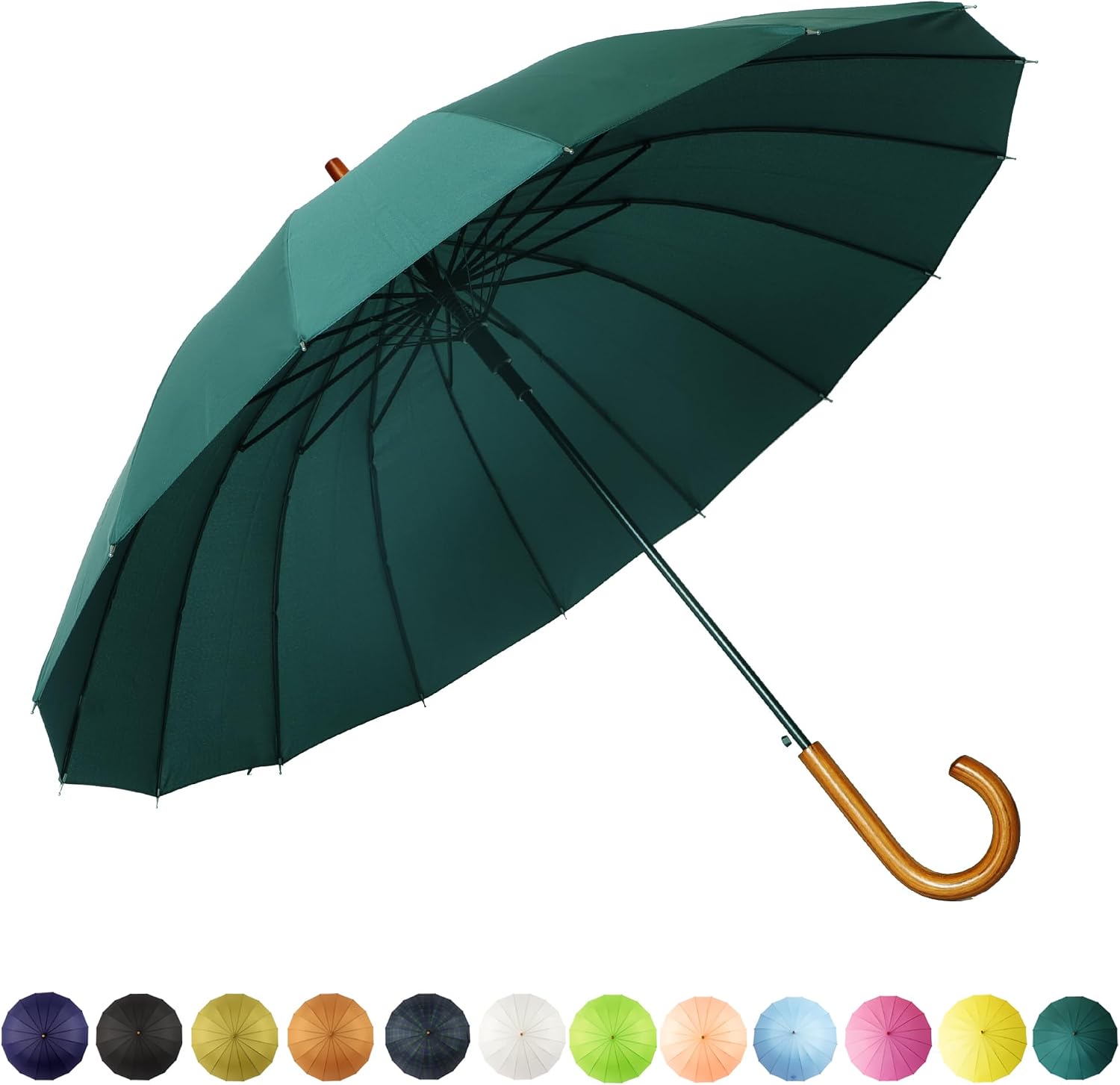 SoulRain 16 Ribs 48 inch Stick Umbrella Auto Open Solid Color Fashionable and Simple Arched Classic Wooden Handle Windproof Unbreakable Umbrella Dark Green