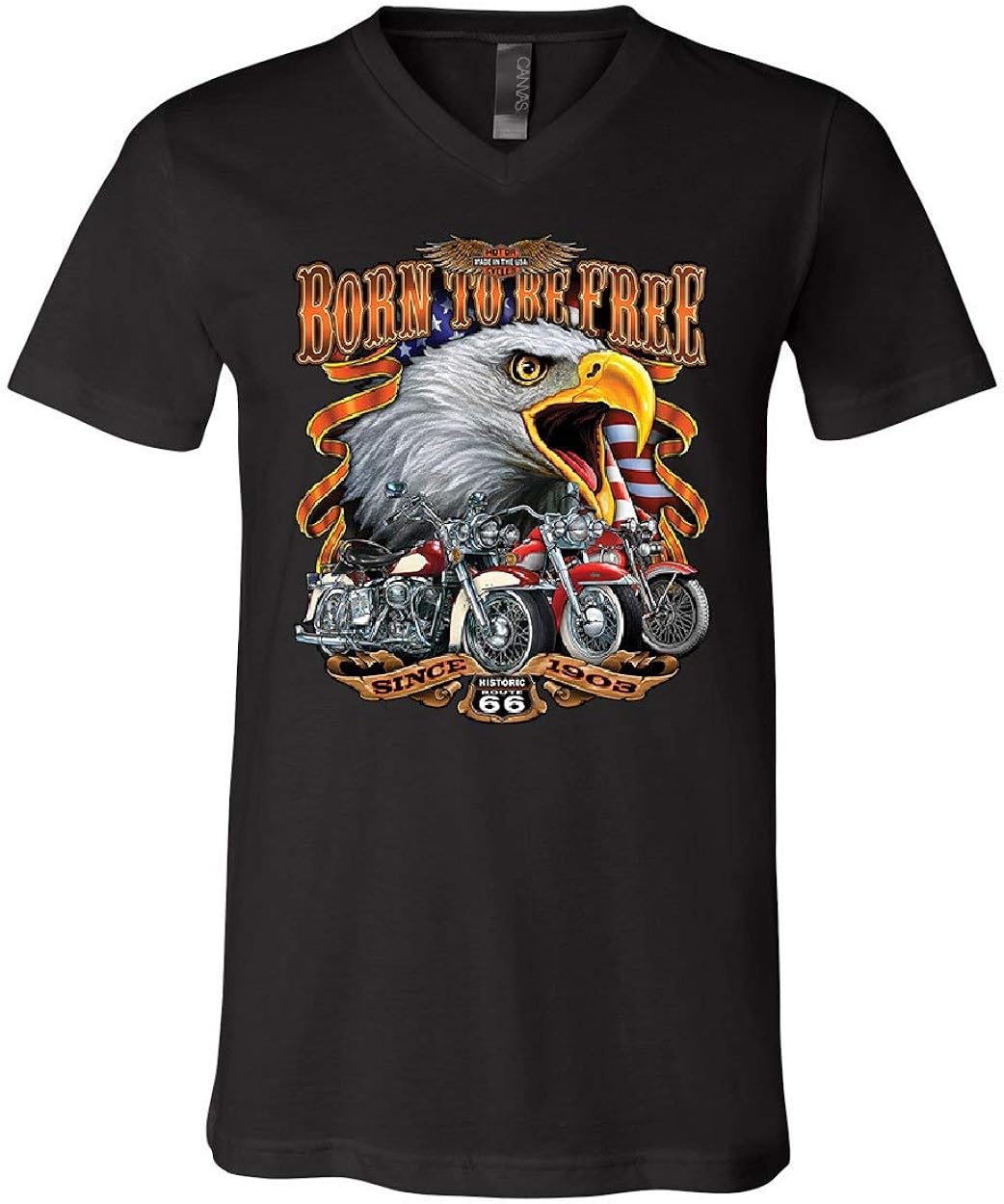 Born to be Free V-Neck T-Shirt Historic Route 66 Bald Eagle Biker Gang Tee
