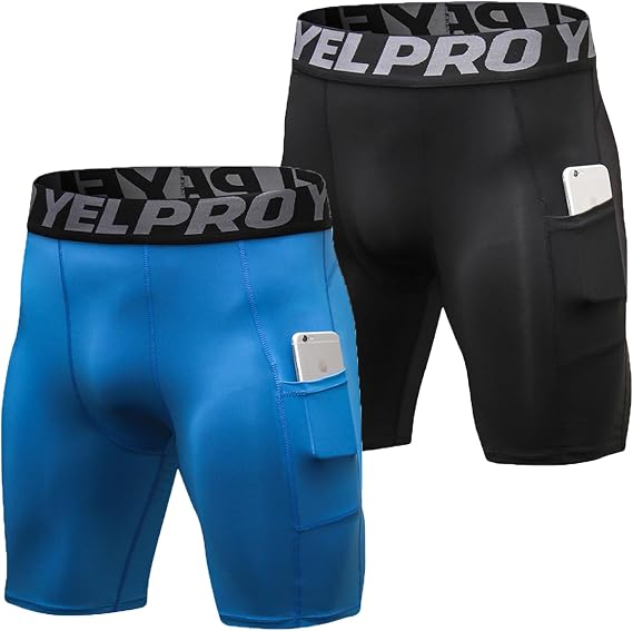 Yuerlian 2 Pack Mens Compression Shorts Quick Dry Running Tights Shorts | Side Phone Pockets,Underwear,Breathable,Highly Elastic,Sports,Gym,Athletic,Workout,Slim Fitted,Cycling,Football,Training